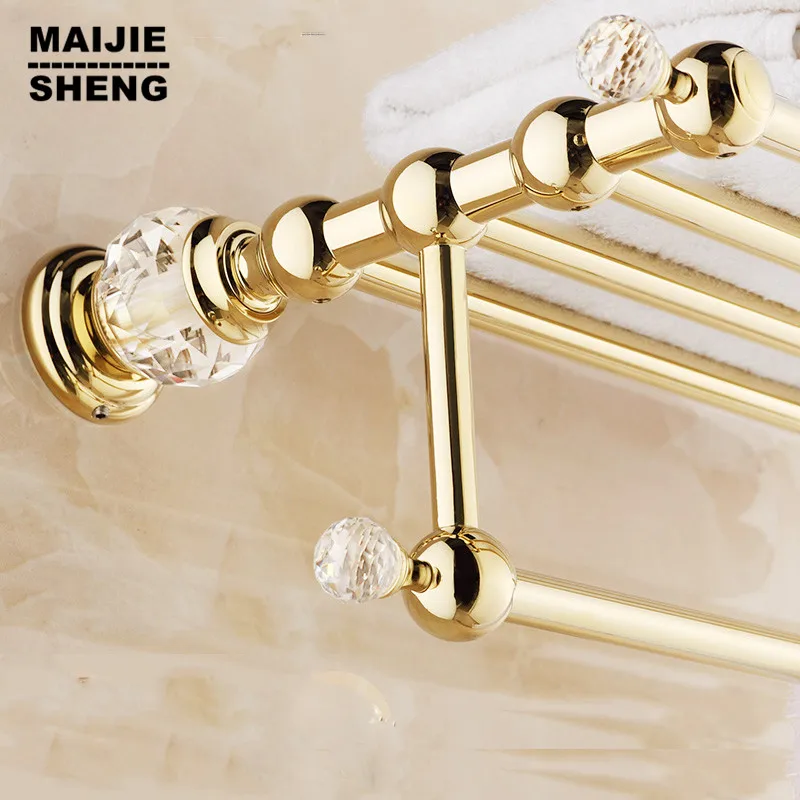 Golden luxury Brass Crystal Titanium Gold Plating Towel Rack,towel Shelf with Bar,towel Holder Bathroom accessories Maijiesheng