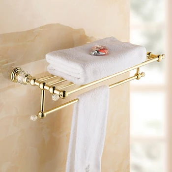 Golden luxury Brass Crystal Titanium Gold Plating Towel Rack,towel Shelf with Bar,towel Holder Bathroom accessories Maijiesheng