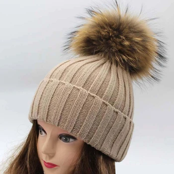 Real Raccoon Fur Pompom Knitted Hat Women Winter Hat Casual Fashion Bonnet Cloth Warm Skullies Beanies Female Cap 3067