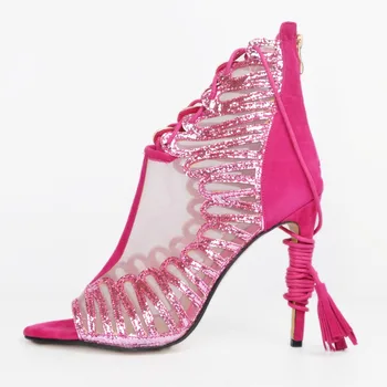 2017 Plus Size EU34-45 Women Sexy High Heel Sandals Open Toe Summer Gladiator Fashion Suede Shoes pink Cross-tied