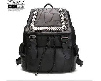 2017 new casual sheepskin backpack preppy style school bag lady genuine leather black bag rivet punk style backpack
