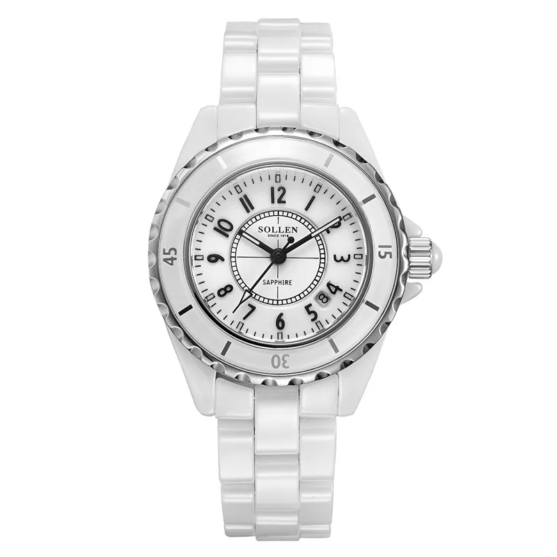 2016 new SOLLEN authentic quartz watch female models female white ceramic watches waterproof diamond ultra slim
