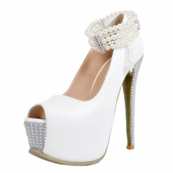 Summer womens high heels shoes 2017 white pumps mary janes rhinestone heels bridal shoes wedding Fashion Peep Toe Buckle Strap