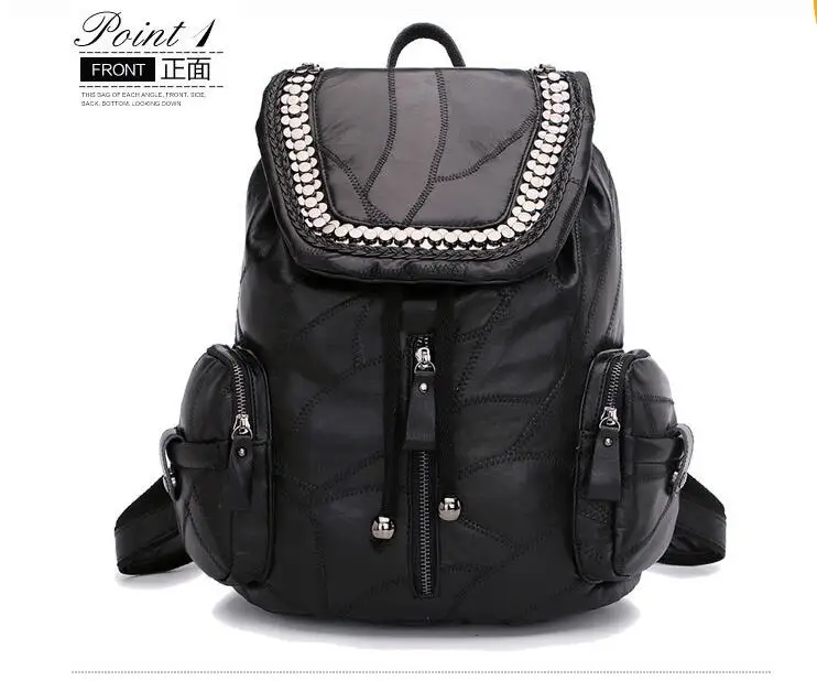 2017 preppy style lady sheepskin backpack genuine leather rivet school bag patchwork European & American style casual backpack