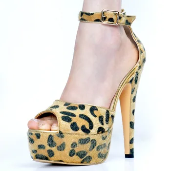 2017new Summer Pumps Sexy Shoes Woman Thin High Heels Female Leopard Grain Platform 14 CM High Heels Peep Toe Horsehair Party
