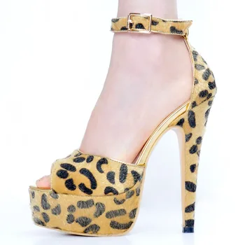 2017new Summer Pumps Sexy Shoes Woman Thin High Heels Female Leopard Grain Platform 14 CM High Heels Peep Toe Horsehair Party