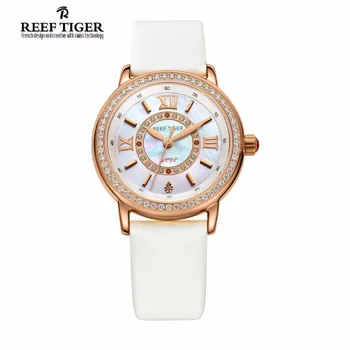 Reef Tiger/RT Elegant Charms Ladies Watches for Women with Swiss Quartz Crystal Diamonds Silk Mix Leather Strap Watch RGA1563