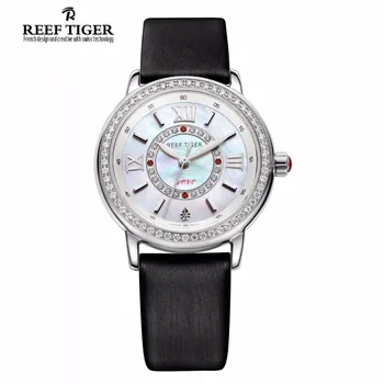 Reef Tiger/RT Popular Elegant Watches for Women Ronda 763 Quartz Diamonds Watch with MOP Dial Calfskin Leather RGA1563