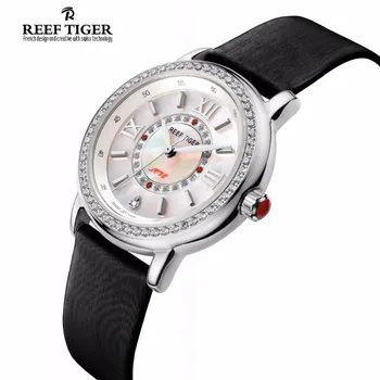 Reef Tiger/RT Popular Elegant Watches for Women Ronda 763 Quartz Diamonds Watch with MOP Dial Calfskin Leather RGA1563