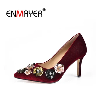 ENMAYER Genuine leather Shoes for Women Flower Graceful Slip-on Charming High Heels Pumps Pointed Toe Fashion Shoes for Office