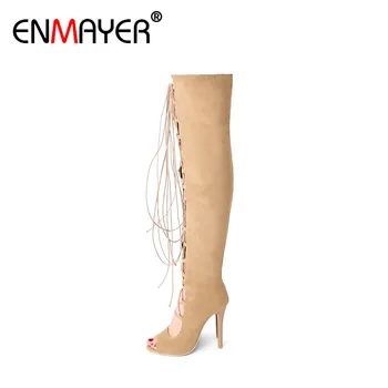 ENMAYER Gladiator High Heels Pumps Lace-Up Zipper Solid Peep Toe Rome Sandals Flock Shoes Women Hot Fashion Summer Women Boots