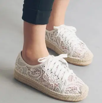 Summer newest white lace embroidery flat shoes round toe breathable mesh lace-up casual shoes rope braided woman shoes