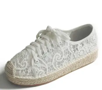 Summer newest white lace embroidery flat shoes round toe breathable mesh lace-up casual shoes rope braided woman shoes