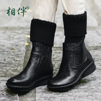 2017 black women boots sheepskin winter warm plush female boots mid-calf genuine leather women shoes