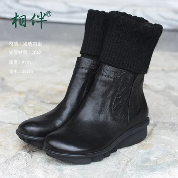 2017 black women boots sheepskin winter warm plush female boots mid-calf genuine leather women shoes
