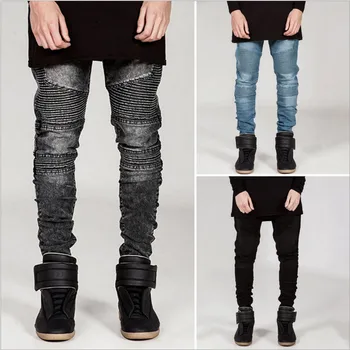 Plus Size 40 Mens Skinny Jeans 2016 Runway Distressed Slim Elastic Jeans Denim Biker Jeans Hiphop Pants Washed Jeans for Men