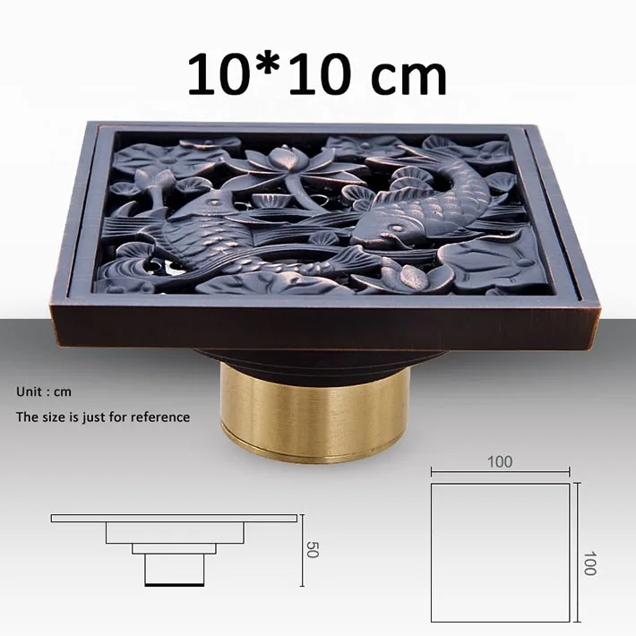 Fish design Solid Brass Square Floor Drain Art Carved Shower Ground Drainer, filter drains oil Rubbed Bronze Finish