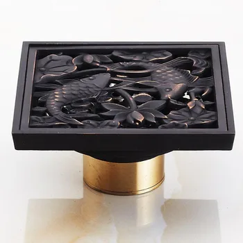 Fish design Solid Brass Square Floor Drain Art Carved Shower Ground Drainer, filter drains oil Rubbed Bronze Finish