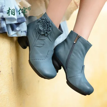 Xiangban fashion female ankle boots high heeled shoes genuine leather casual short boots blue color handmade with flower
