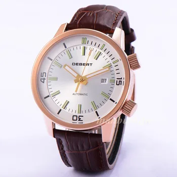 44.5mm RoseGold Case Debert Silver Dial Luminous Leather Straps Miyota Mens Automatic Watch Relogio Masculino