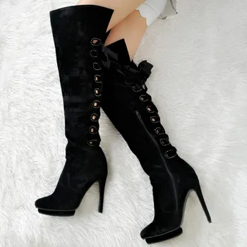2016 Autumn Winter Women Black Knee High Boots Long Boots Ladies Fashion Warm Thin Heels Pointed Toe party sexy pumps Lace-Up