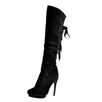 2016 Autumn Winter Women Black Knee High Boots Long Boots Ladies Fashion Warm Thin Heels Pointed Toe party sexy pumps Lace-Up
