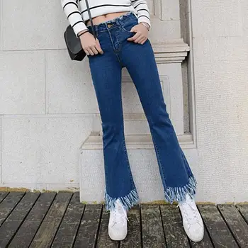 The new 2017 nine points jeans female bootleg tassel cultivate one's morality