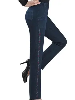 Plus size 2017 Spring and autumn embroidered jeans female straight high elastic waist women denim trousers