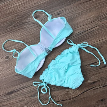 2017 Sexy Ruffled Bottom Bikini Solid Cutest Bandeau Bikini Set Strapless Push Up Padded Swimwear Swimsuit Beachwear Biquini