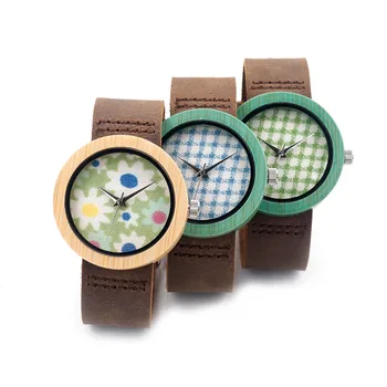BOBO BIRD Casual Round Bamboo Wooden Watches Japan Movement Quartz Watches with Real Leather strap for Women in Gift Box