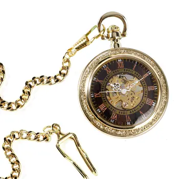 Retro Luxury Gold Exquisite Mechanical Pocket Watch Women Open Face Roman Numbers Stylish Chain Hand Winding Men Xmas Gift
