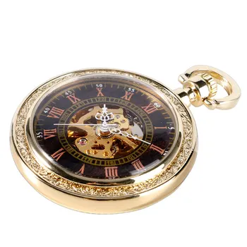 Retro Luxury Gold Exquisite Mechanical Pocket Watch Women Open Face Roman Numbers Stylish Chain Hand Winding Men Xmas Gift