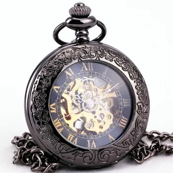 Retro Automatic Pocket Watches Men Women Skeleton Mechanical Clock Transparent Carved Lid Case with pendant Chain +Gift Box