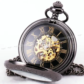 Retro Automatic Pocket Watches Men Women Skeleton Mechanical Clock Transparent Carved Lid Case with pendant Chain +Gift Box