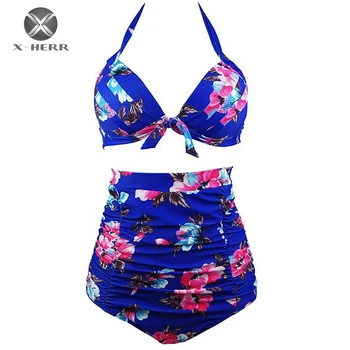 X-HERR Swimsuit Women High Waist Floral Print Bikini Set Retro 50s Halter Bow Knot Maillot Swimsuit Bathing Suits Size S-3XL