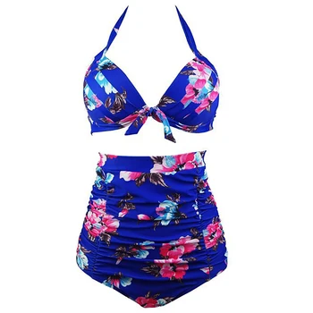 X-HERR Swimsuit Women High Waist Floral Print Bikini Set Retro 50s Halter Bow Knot Maillot Swimsuit Bathing Suits Size S-3XL