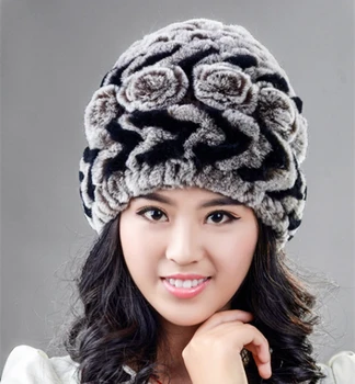 Women Genuine Knitted Rex Rabbit Fur Hats Natural Stripe Rex Rabbit Fur Caps Lady Winter Warm Real Rabbit Fur Beanies Headwear