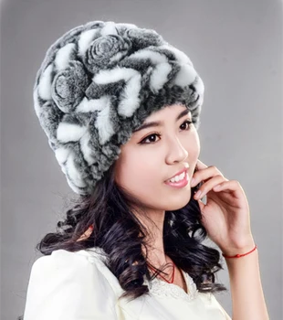Women Genuine Knitted Rex Rabbit Fur Hats Natural Stripe Rex Rabbit Fur Caps Lady Winter Warm Real Rabbit Fur Beanies Headwear