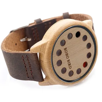 BOBO BIRD 12 Holes Design Bamboo Wooden Watch Mens Quartz Analog Watches with Genuine Leather Band as Gift montre homme 2017