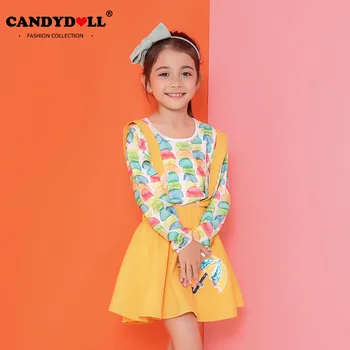 Candydoll Spring Autumn Children Girls Clothing Sets Fashion Girls Overalls Skirts+Long Sleeve Shirts Cute Printed Suit SAJ3089