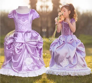 Party Girl Dress 2017 Girl Puff Sleeve Purple Birthday Dress Flower Girl Dress The First Princess Sofia Dress Costume