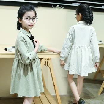 2017 spring summer brief girls shirt dress with long sleeve lovely sweet college tie trend children's clothes princess dress