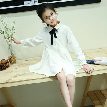 2017 spring summer brief girls shirt dress with long sleeve lovely sweet college tie trend children's clothes princess dress