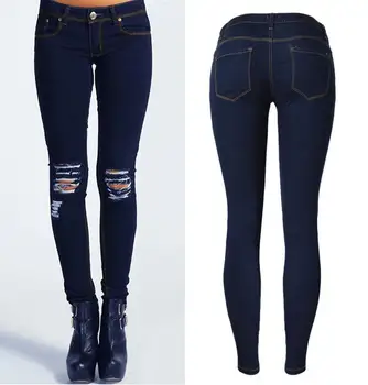 Donna Plus Size Jeans Women Knee Ripped Jeans Low Waist Slim Elastic Jean Trousers Big Size Skinny Denim Pencil Pants K112S