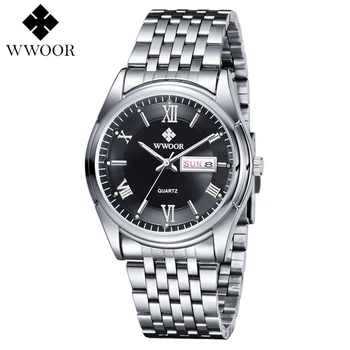 WWOOR Men Quartz Business Watches Fashion Casual Analog Watch Men Full Steel Auto Date Week Dress Wristwatches WOR10