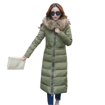 Long winter jacket new cotton wadded coat 2016 faux fur collar hooded slim outerwear solid female parka jacket kp1128