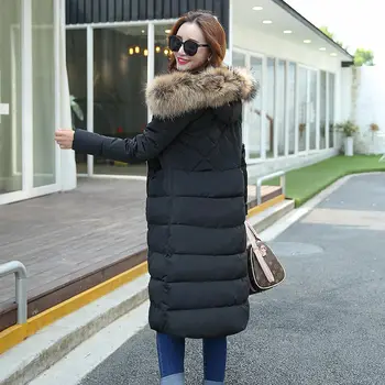 Long winter jacket new cotton wadded coat 2016 faux fur collar hooded slim outerwear solid female parka jacket kp1128