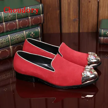 Choudory Luxury Male Flat Shoes Rhinestones Mens Wedding Shoes Genuine Leather Dress Shoes Mens Red Loafers
