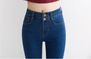 Women High-Waist Skinny Jeans Sexy Slim Full Length Solid 2 Buttons Denim Pencil Pants Casual Jean Trousers KZ178-S