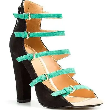 MIQUINHA Spring Fashion Faux Green Suede Leather Buckles Women Open Toe Pumps Cut Out Style Ladies Sexy Chunky Heel Pumps Size42